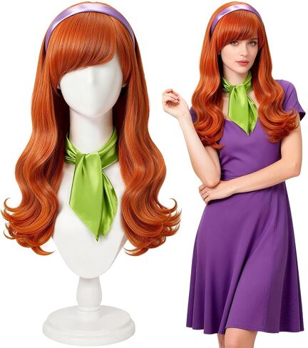 Women's Orange Long Curly Wig Set with Wavy Wig with Full Bangs, Headband & Scarf, Synthetic Fiber, for Cosplay, Parties, Halloween and Everyday Wear in Saudi Arabia