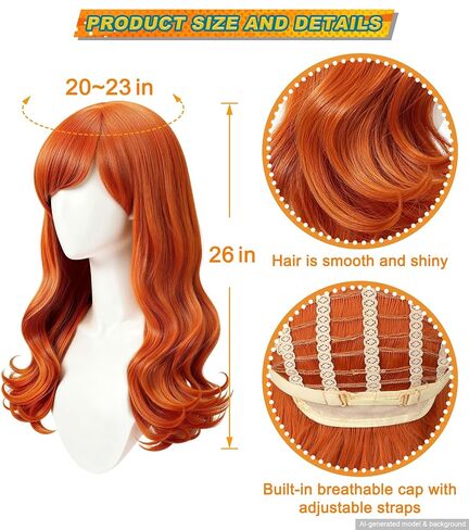 Women's Orange Long Curly Wig Set with Wavy Wig with Full Bangs, Headband & Scarf, Synthetic Fiber, for Cosplay, Parties, Halloween and Everyday Wear in Saudi Arabia