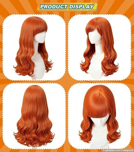 Women's Orange Long Curly Wig Set with Wavy Wig with Full Bangs, Headband & Scarf, Synthetic Fiber, for Cosplay, Parties, Halloween and Everyday Wear in Saudi Arabia