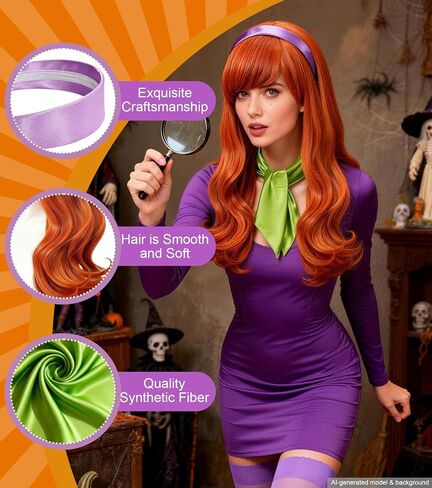 Women's Orange Long Curly Wig Set with Wavy Wig with Full Bangs, Headband & Scarf, Synthetic Fiber, for Cosplay, Parties, Halloween and Everyday Wear in Saudi Arabia