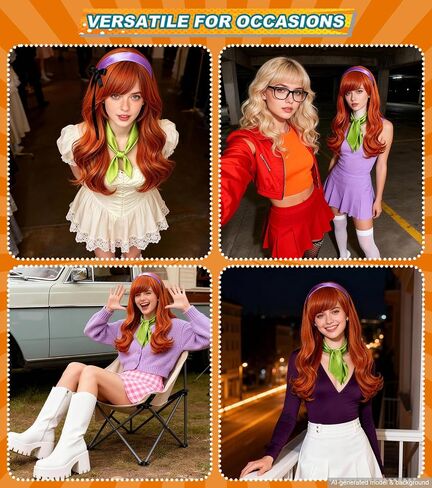 Women's Orange Long Curly Wig Set with Wavy Wig with Full Bangs, Headband & Scarf, Synthetic Fiber, for Cosplay, Parties, Halloween and Everyday Wear in Saudi Arabia