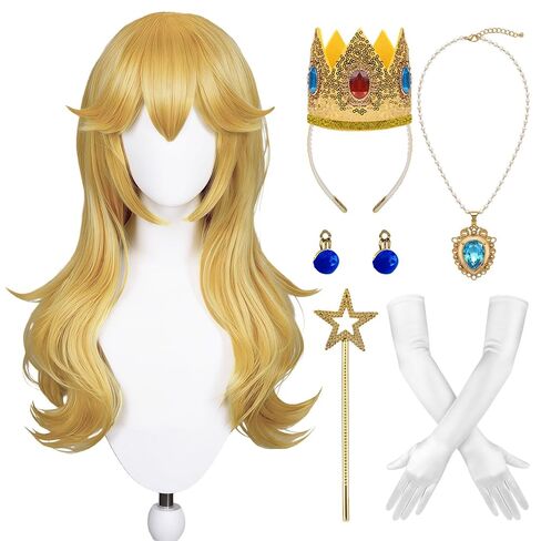 FOVER 7PCS Blonde Princess Costume Wig for Women Peach Cosplay with Crown Wand Necklace Ear Clips Gloves Wig Cap | Long Wavy Thick Full Hair, Pre-cut Bangs for Halloween Birthday Party FE048 in Saudi Arabia