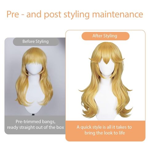 FOVER 7PCS Blonde Princess Costume Wig for Women Peach Cosplay with Crown Wand Necklace Ear Clips Gloves Wig Cap | Long Wavy Thick Full Hair, Pre-cut Bangs for Halloween Birthday Party FE048 in Saudi Arabia