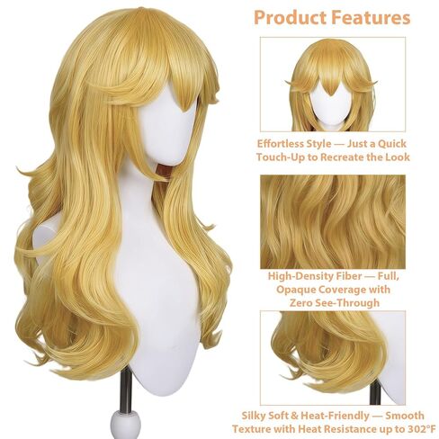 FOVER 7PCS Blonde Princess Costume Wig for Women Peach Cosplay with Crown Wand Necklace Ear Clips Gloves Wig Cap | Long Wavy Thick Full Hair, Pre-cut Bangs for Halloween Birthday Party FE048 in Saudi Arabia