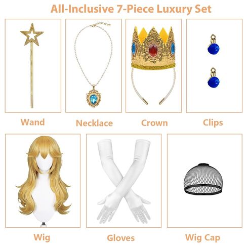 FOVER 7PCS Blonde Princess Costume Wig for Women Peach Cosplay with Crown Wand Necklace Ear Clips Gloves Wig Cap | Long Wavy Thick Full Hair, Pre-cut Bangs for Halloween Birthday Party FE048 in Saudi Arabia
