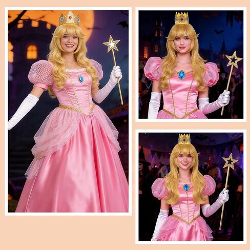 FOVER 7PCS Blonde Princess Costume Wig for Women Peach Cosplay with Crown Wand Necklace Ear Clips Gloves Wig Cap | Long Wavy Thick Full Hair, Pre-cut Bangs for Halloween Birthday Party FE048 in Saudi Arabia