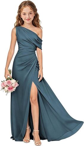 One Shoulder Junior Bridesmaid Dresses Chiffon Long Flower Girl Dress with Slit Ruched Girls Wedding Guest Formal Gown in Saudi Arabia