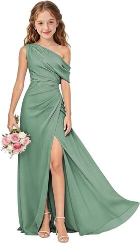 One Shoulder Junior Bridesmaid Dresses Chiffon Long Flower Girl Dress with Slit Ruched Girls Wedding Guest Formal Gown in Saudi Arabia