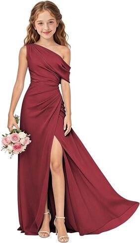 One Shoulder Junior Bridesmaid Dresses Chiffon Long Flower Girl Dress with Slit Ruched Girls Wedding Guest Formal Gown in Saudi Arabia