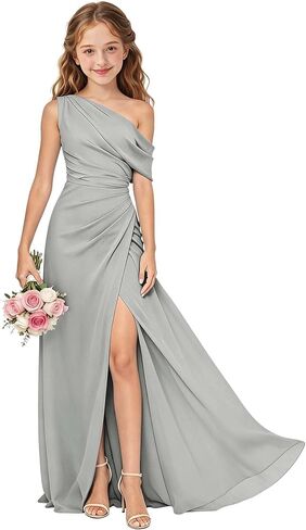One Shoulder Junior Bridesmaid Dresses Chiffon Long Flower Girl Dress with Slit Ruched Girls Wedding Guest Formal Gown in Saudi Arabia