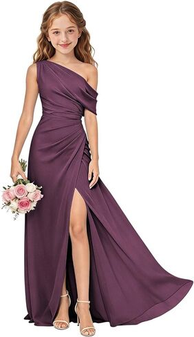 One Shoulder Junior Bridesmaid Dresses Chiffon Long Flower Girl Dress with Slit Ruched Girls Wedding Guest Formal Gown in Saudi Arabia