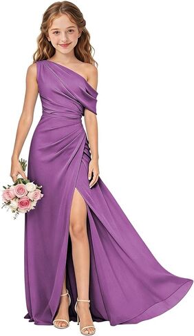 One Shoulder Junior Bridesmaid Dresses Chiffon Long Flower Girl Dress with Slit Ruched Girls Wedding Guest Formal Gown in Saudi Arabia