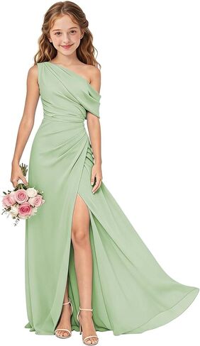 One Shoulder Junior Bridesmaid Dresses Chiffon Long Flower Girl Dress with Slit Ruched Girls Wedding Guest Formal Gown in Saudi Arabia