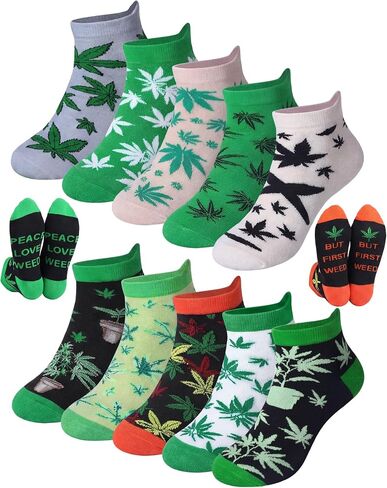 Skicuff 10 Pairs Funny Weed Socks for Women Men Marijuana Ankle Short Tab Socks 420 Gifts Green Pot Accessories Weed Gifts for Adults in Kuwait