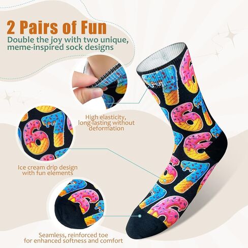 2 Pairs 67 Socks for Kids Boys & Girls, Funny 6–7 Socks Meme Design, Six Seven Ice Cream Drip, Stocking Stuffers for Teen Girls in Saudi Arabia