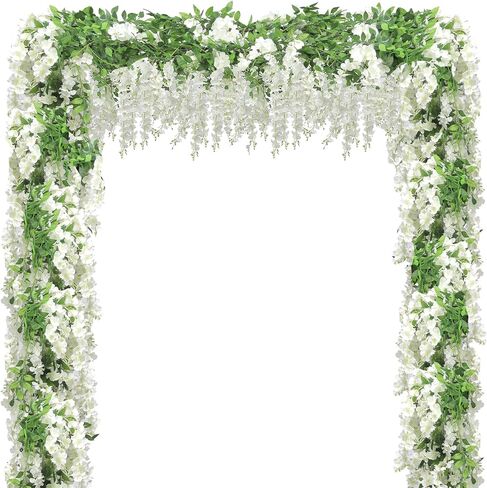Wisteria Artificial Flower Garland,4PCS Wisteria Hanging Flowers for Wedding Decor,Wedding Arch Flowers,Flower Garland for Backdrop,Fake Hanging Flowers Vines for Wedding Decor(Total 28.8FT-White) in Kuwait