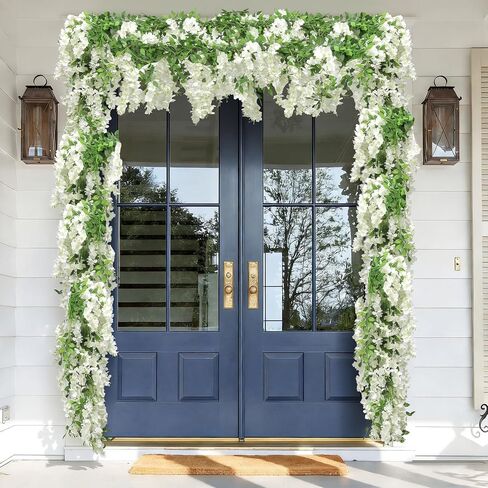 Wisteria Artificial Flower Garland,4PCS Wisteria Hanging Flowers for Wedding Decor,Wedding Arch Flowers,Flower Garland for Backdrop,Fake Hanging Flowers Vines for Wedding Decor(Total 28.8FT-White) in Kuwait