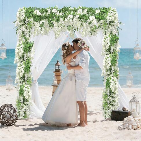 Wisteria Artificial Flower Garland,4PCS Wisteria Hanging Flowers for Wedding Decor,Wedding Arch Flowers,Flower Garland for Backdrop,Fake Hanging Flowers Vines for Wedding Decor(Total 28.8FT-White) in Kuwait