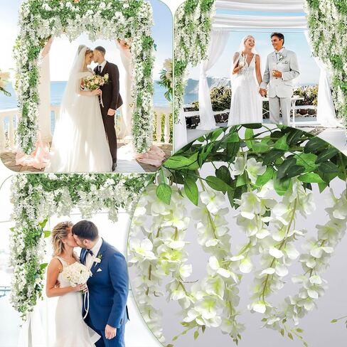 Wisteria Artificial Flower Garland,4PCS Wisteria Hanging Flowers for Wedding Decor,Wedding Arch Flowers,Flower Garland for Backdrop,Fake Hanging Flowers Vines for Wedding Decor(Total 28.8FT-White) in Kuwait