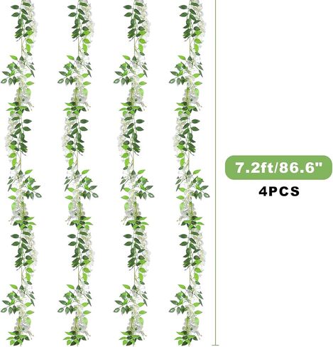 Wisteria Artificial Flower Garland,4PCS Wisteria Hanging Flowers for Wedding Decor,Wedding Arch Flowers,Flower Garland for Backdrop,Fake Hanging Flowers Vines for Wedding Decor(Total 28.8FT-White) in Kuwait