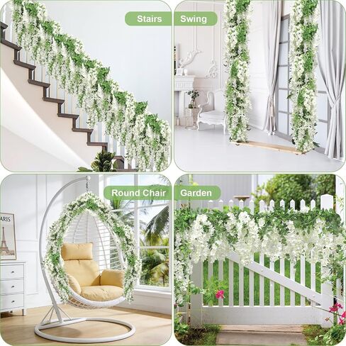 Wisteria Artificial Flower Garland,4PCS Wisteria Hanging Flowers for Wedding Decor,Wedding Arch Flowers,Flower Garland for Backdrop,Fake Hanging Flowers Vines for Wedding Decor(Total 28.8FT-White) in Kuwait