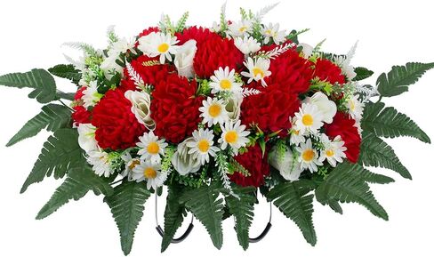 LOYWREE 30" Artificial Cemetery Flowers Headstone Saddle, UV Resistant Silk Red Mums & White Roses Grave Saddle, Realistic Outdoor Grave Flowers for Memorial Day Decorations in Saudi Arabia
