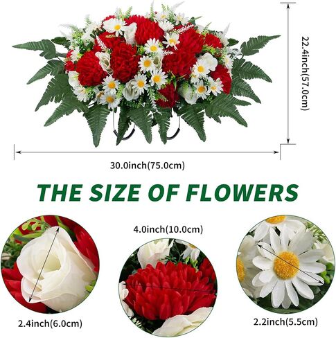 LOYWREE 30" Artificial Cemetery Flowers Headstone Saddle, UV Resistant Silk Red Mums & White Roses Grave Saddle, Realistic Outdoor Grave Flowers for Memorial Day Decorations in Saudi Arabia