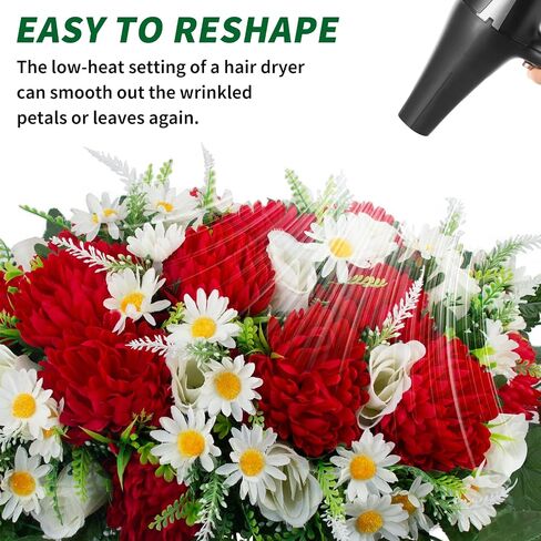 LOYWREE 30" Artificial Cemetery Flowers Headstone Saddle, UV Resistant Silk Red Mums & White Roses Grave Saddle, Realistic Outdoor Grave Flowers for Memorial Day Decorations in Saudi Arabia