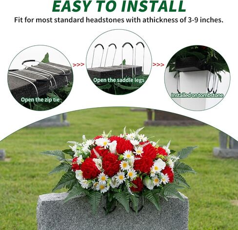 LOYWREE 30" Artificial Cemetery Flowers Headstone Saddle, UV Resistant Silk Red Mums & White Roses Grave Saddle, Realistic Outdoor Grave Flowers for Memorial Day Decorations in Saudi Arabia