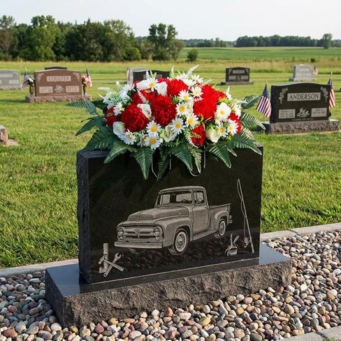 LOYWREE 30" Artificial Cemetery Flowers Headstone Saddle, UV Resistant Silk Red Mums & White Roses Grave Saddle, Realistic Outdoor Grave Flowers for Memorial Day Decorations in Saudi Arabia