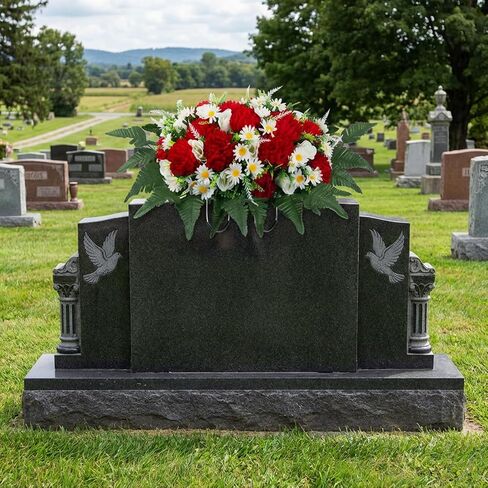 LOYWREE 30" Artificial Cemetery Flowers Headstone Saddle, UV Resistant Silk Red Mums & White Roses Grave Saddle, Realistic Outdoor Grave Flowers for Memorial Day Decorations in Saudi Arabia