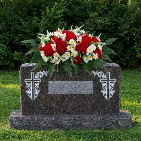 LOYWREE 30" Artificial Cemetery Flowers Headstone Saddle, UV Resistant Silk Red Mums & White Roses Grave Saddle, Realistic Outdoor Grave Flowers for Memorial Day Decorations in Saudi Arabia