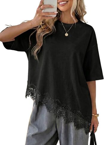 LOLONG Women's Casual Crew Neck Half Sleeve T-Shirt Asymmetrical Hem Lace Patchwork Loose Fit Tops in Saudi Arabia