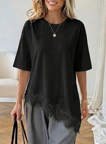LOLONG Women's Casual Crew Neck Half Sleeve T-Shirt Asymmetrical Hem Lace Patchwork Loose Fit Tops in Saudi Arabia