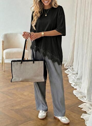 LOLONG Women's Casual Crew Neck Half Sleeve T-Shirt Asymmetrical Hem Lace Patchwork Loose Fit Tops in Saudi Arabia