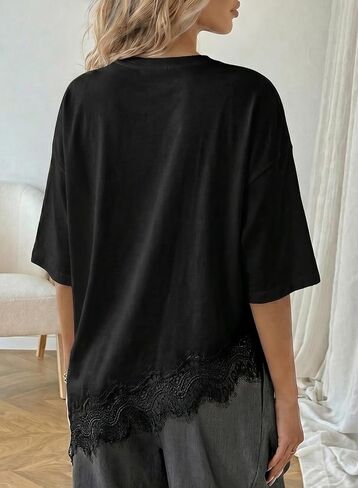LOLONG Women's Casual Crew Neck Half Sleeve T-Shirt Asymmetrical Hem Lace Patchwork Loose Fit Tops in Saudi Arabia