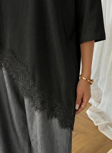 LOLONG Women's Casual Crew Neck Half Sleeve T-Shirt Asymmetrical Hem Lace Patchwork Loose Fit Tops in Saudi Arabia