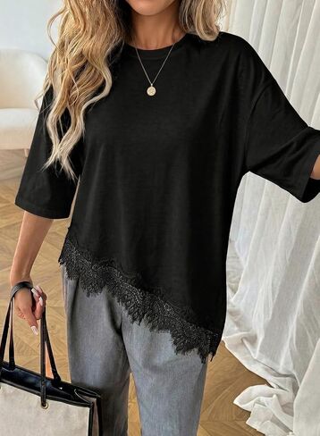 LOLONG Women's Casual Crew Neck Half Sleeve T-Shirt Asymmetrical Hem Lace Patchwork Loose Fit Tops in Saudi Arabia