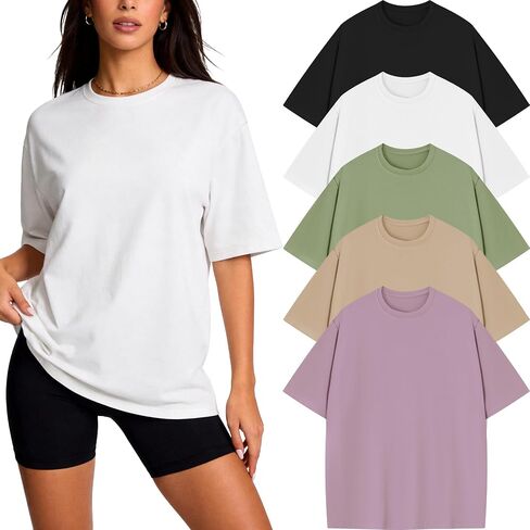 CE' CERDR 5 Pack Womens Oversized T Shirts Crew Neck Short Sleeve Shirts Loose Fit Basic Tees Workout Gym Summer Tops in Saudi Arabia