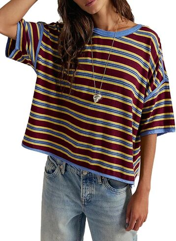 Womens Oversized Striped T-Shirt Cotton Boxy Crop Top 90s Retro Drop Shoulder Ringer Tee Casual Skater Streetwear Tops in Kuwait