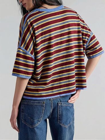 Womens Oversized Striped T-Shirt Cotton Boxy Crop Top 90s Retro Drop Shoulder Ringer Tee Casual Skater Streetwear Tops in Kuwait