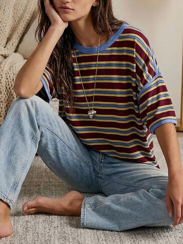 Womens Oversized Striped T-Shirt Cotton Boxy Crop Top 90s Retro Drop Shoulder Ringer Tee Casual Skater Streetwear Tops in Kuwait