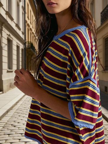 Womens Oversized Striped T-Shirt Cotton Boxy Crop Top 90s Retro Drop Shoulder Ringer Tee Casual Skater Streetwear Tops in Kuwait