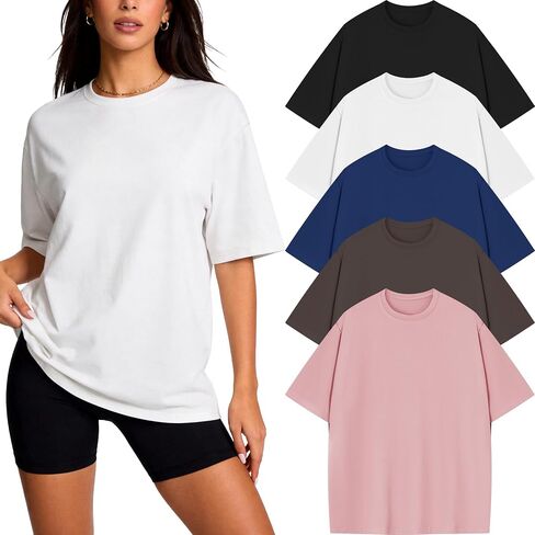 CE' CERDR 5 Pack Womens Oversized T Shirts Crew Neck Short Sleeve Shirts Loose Fit Basic Tees Workout Gym Summer Tops in Saudi Arabia