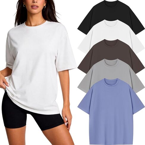 CE' CERDR 5 Pack Womens Oversized T Shirts Crew Neck Short Sleeve Shirts Loose Fit Basic Tees Workout Gym Summer Tops in Saudi Arabia