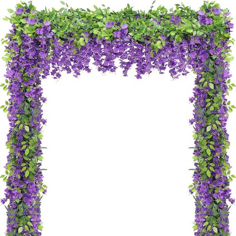 Wisteria Artificial Flower Garland,4PCS Wisteria Hanging Flowers for Wedding Decor,Wedding Arch Flowers,Flower Garland for Backdrop,Fake Hanging Flowers Vines for Wedding Decor(Total 28.8FT-White) in Kuwait