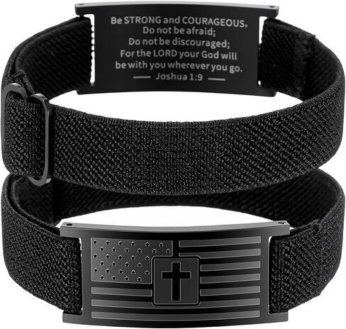 Gifts for Son from Mom Dad - Christian Cross Bracelets for Men Boys, Joshua 1:9 Bible Verse Engraved Stainless Steel American Flag Patriotic Elastic Stretch Wristband Religious Jewelry in Kuwait