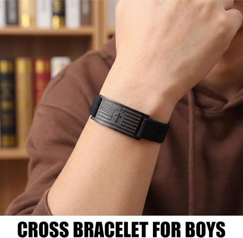 Gifts for Son from Mom Dad - Christian Cross Bracelets for Men Boys, Joshua 1:9 Bible Verse Engraved Stainless Steel American Flag Patriotic Elastic Stretch Wristband Religious Jewelry in Kuwait