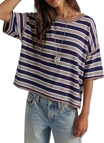 Womens Oversized Striped T-Shirt Cotton Boxy Crop Top 90s Retro Drop Shoulder Ringer Tee Casual Skater Streetwear Tops in Saudi Arabia