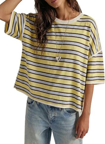 Womens Oversized Striped T-Shirt Cotton Boxy Crop Top 90s Retro Drop Shoulder Ringer Tee Casual Skater Streetwear Tops in Kuwait